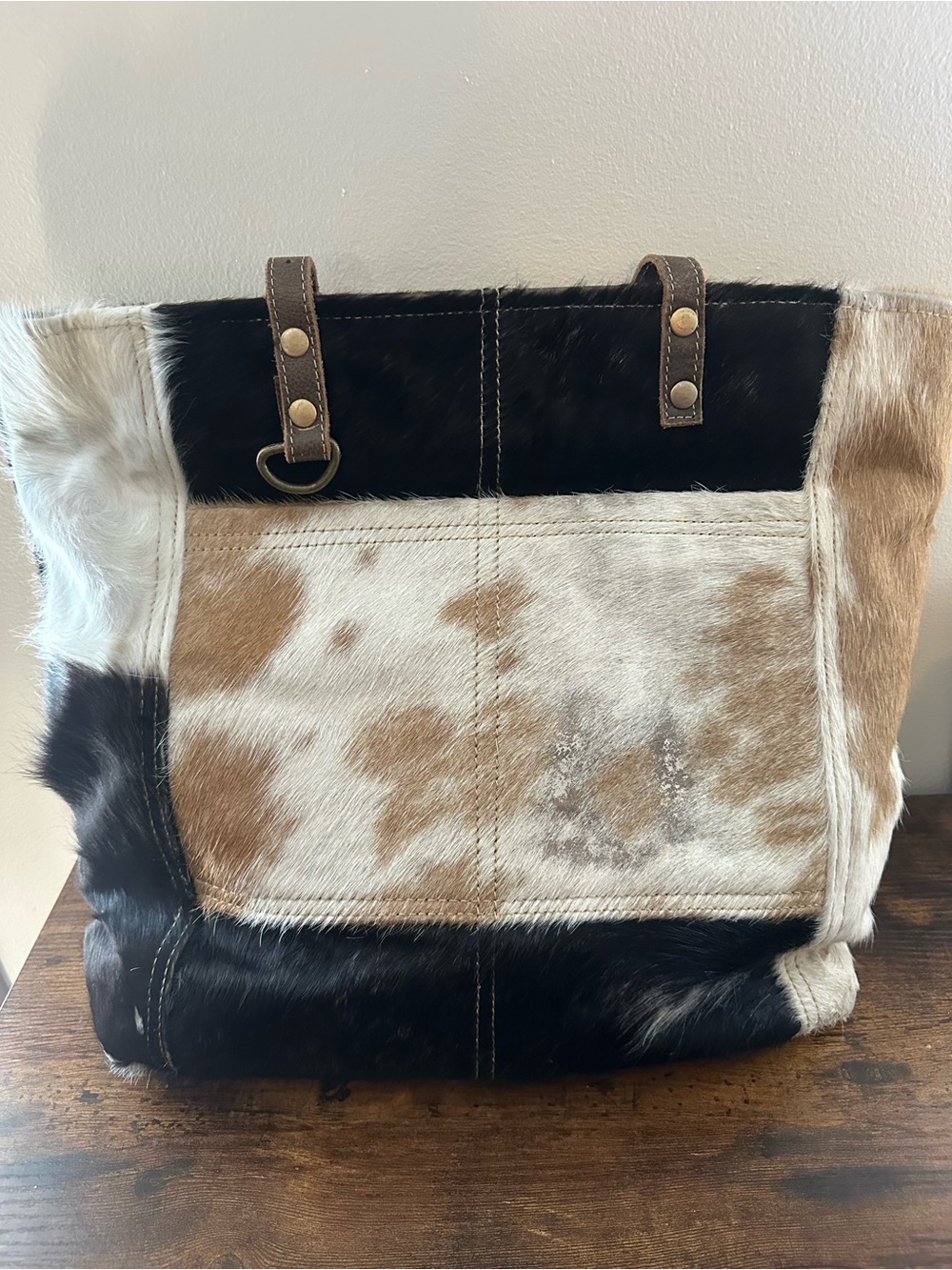 Myra Cowhide Leather Tote Bag Black Tan White Large Western Purse